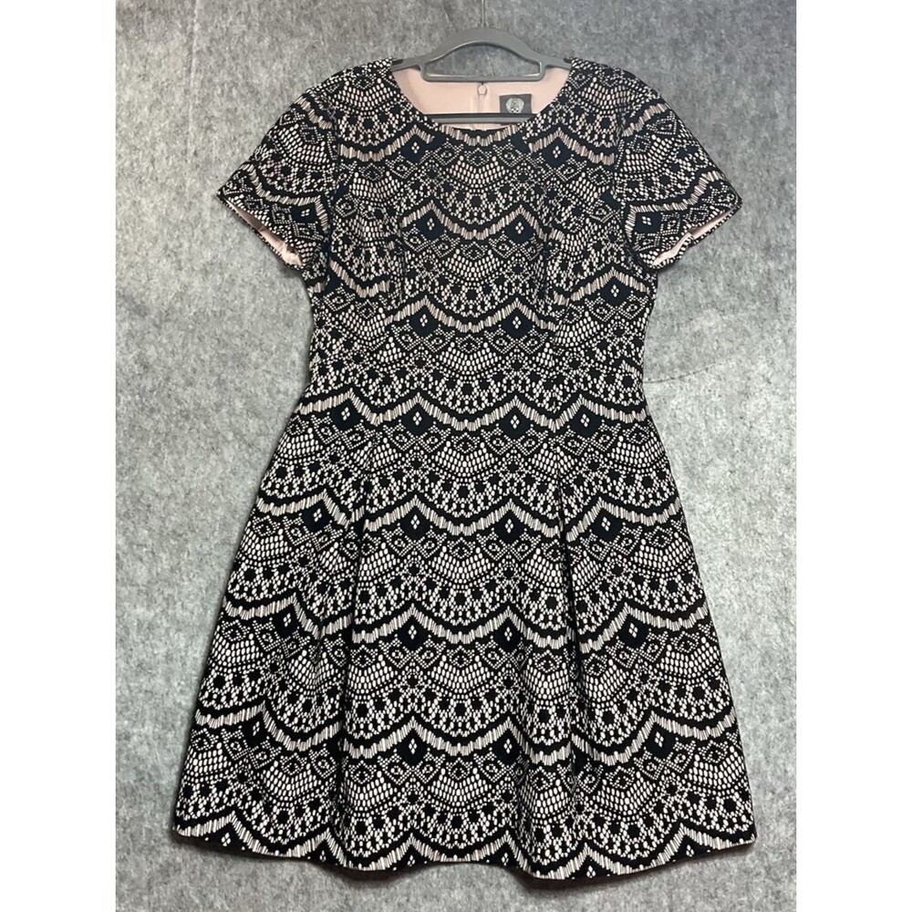 Vince Camuto Dress Womens 12 Black Geometric Pockets Stretch Knee Length Cottage